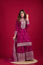 Lehenga Mart Chinnon Silk Embroidery Sequence Work Top-Palazzo And Dupatta Set | Grocsy