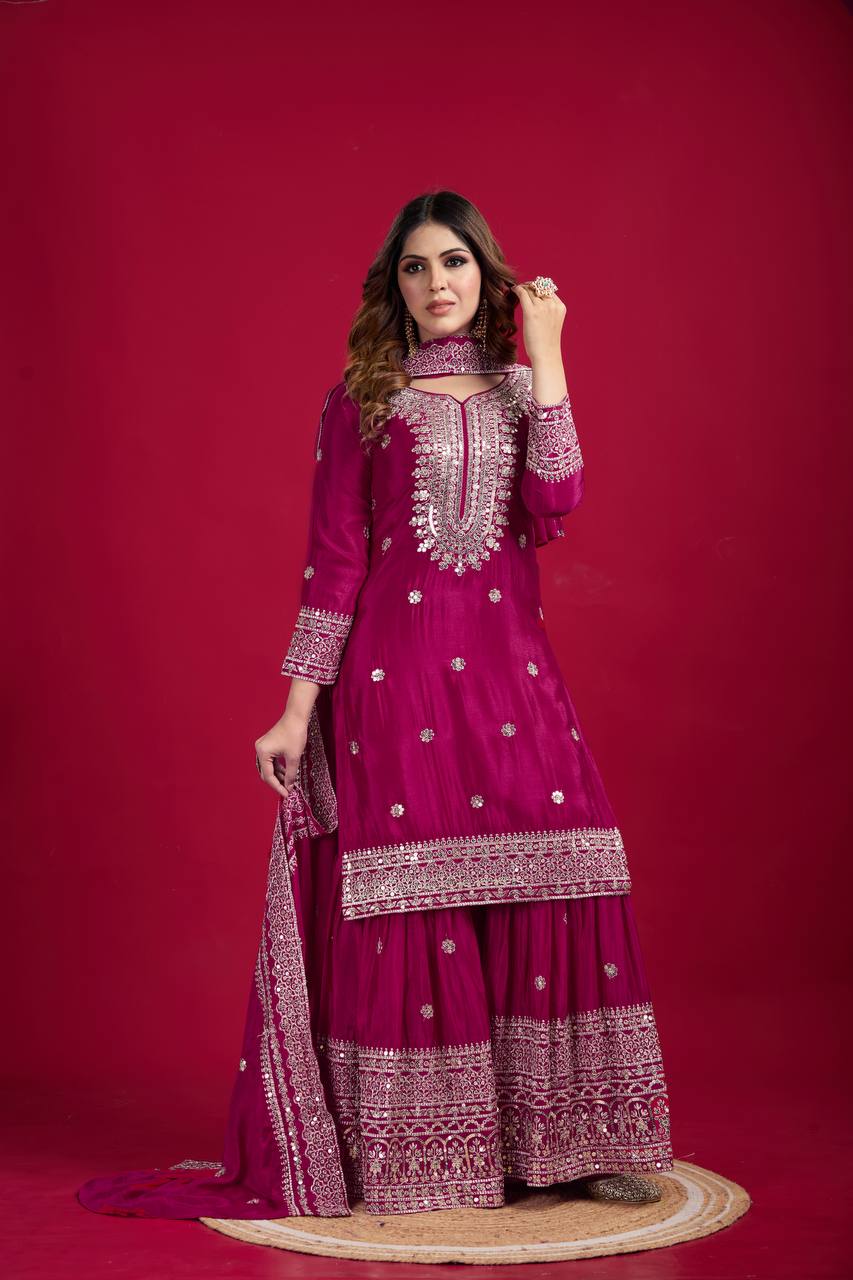 Lehenga Mart Chinnon Silk Embroidery Sequence Work Top-Palazzo And Dupatta Set | Grocsy