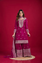 Lehenga Mart Chinnon Silk Embroidery Sequence Work Top-Palazzo And Dupatta Set | Grocsy