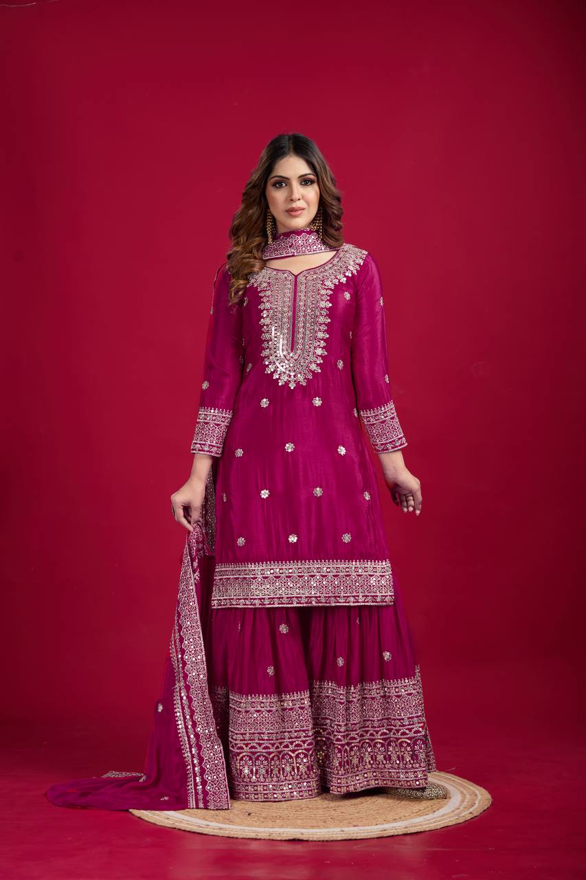 Lehenga Mart Chinnon Silk Embroidery Sequence Work Top-Palazzo And Dupatta Set | Grocsy