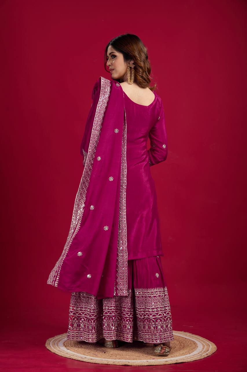 Lehenga Mart Chinnon Silk Embroidery Sequence Work Top-Palazzo And Dupatta Set | Grocsy