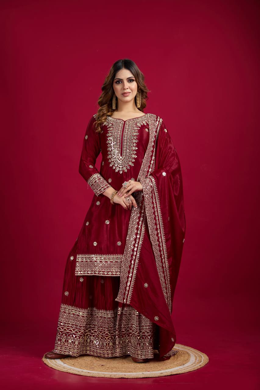 Lehenga Mart Chinnon Silk Embroidery Sequence Work Top-Palazzo And Dupatta Set | Grocsy