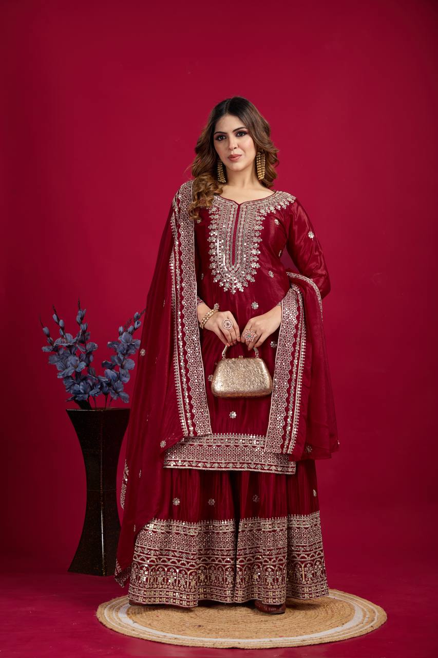 Lehenga Mart Chinnon Silk Embroidery Sequence Work Top-Palazzo And Dupatta Set | Grocsy