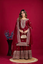 Lehenga Mart Chinon Silk Embroidery Sequence Work Top-Palazzo And Dupatta Set - Red | Grocsy