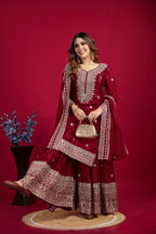 Lehenga Mart Chinnon Silk Embroidery Sequence Work Top-Palazzo And Dupatta Set | Grocsy