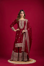 Lehenga Mart Chinnon Silk Embroidery Sequence Work Top-Palazzo And Dupatta Set | Grocsy