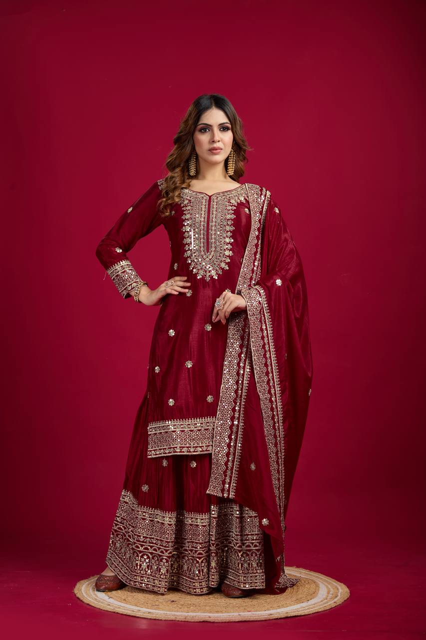 Lehenga Mart Chinnon Silk Embroidery Sequence Work Top-Palazzo And Dupatta Set | Grocsy