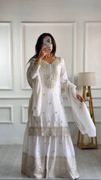 Lehenga Mart Chinon Silk Embroidery Sequence Work Top-Palazzo And Dupatta Set - White | Grocsy