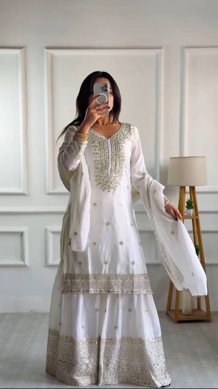 Lehenga Mart Chinon Silk Embroidery Sequence Work Top-Palazzo And Dupatta Set - White | Grocsy