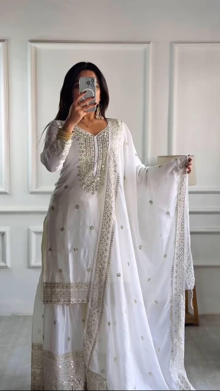 Lehenga Mart Chinnon Silk Embroidery Sequence Work Top-Palazzo And Dupatta Set | Grocsy