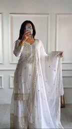 Lehenga Mart Chinnon Silk Embroidery Sequence Work Top-Palazzo And Dupatta Set | Grocsy