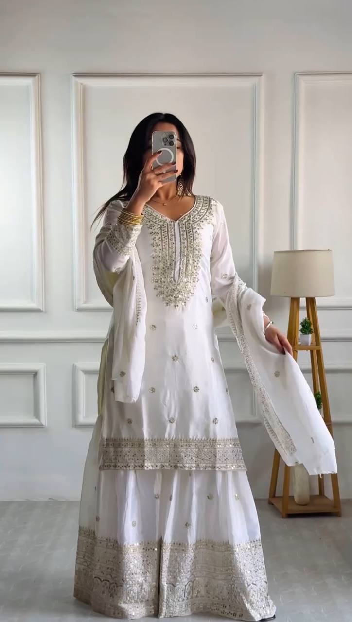 Lehenga Mart Chinon Silk Embroidery Sequence Work Top-Palazzo And Dupatta Set - White | Grocsy
