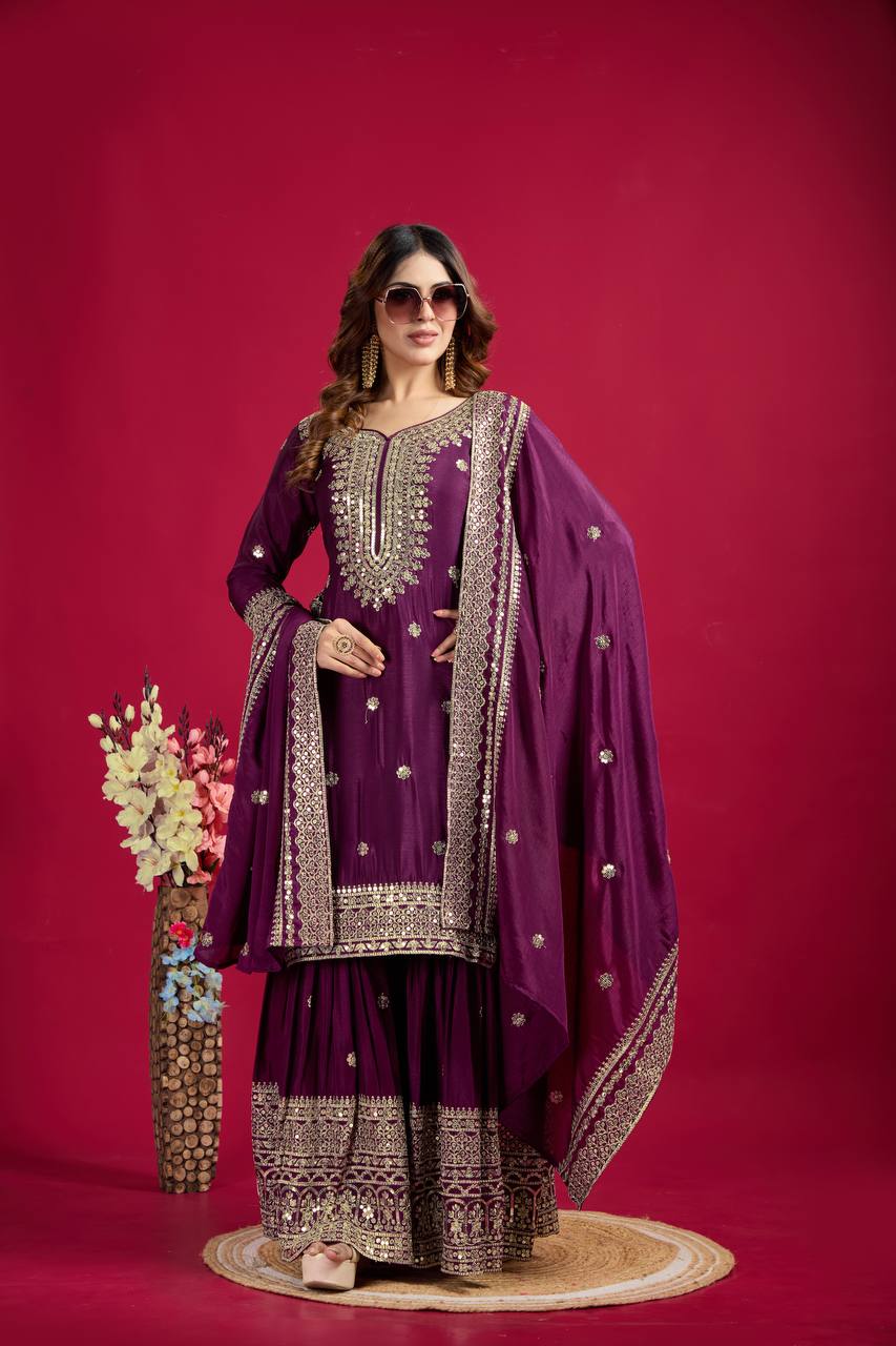 Lehenga Mart Chinnon Silk Embroidery Sequence Work Top-Palazzo And Dupatta Set | Grocsy