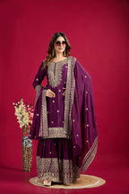 Lehenga Mart Chinnon Silk Embroidery Sequence Work Top-Palazzo And Dupatta Set | Grocsy