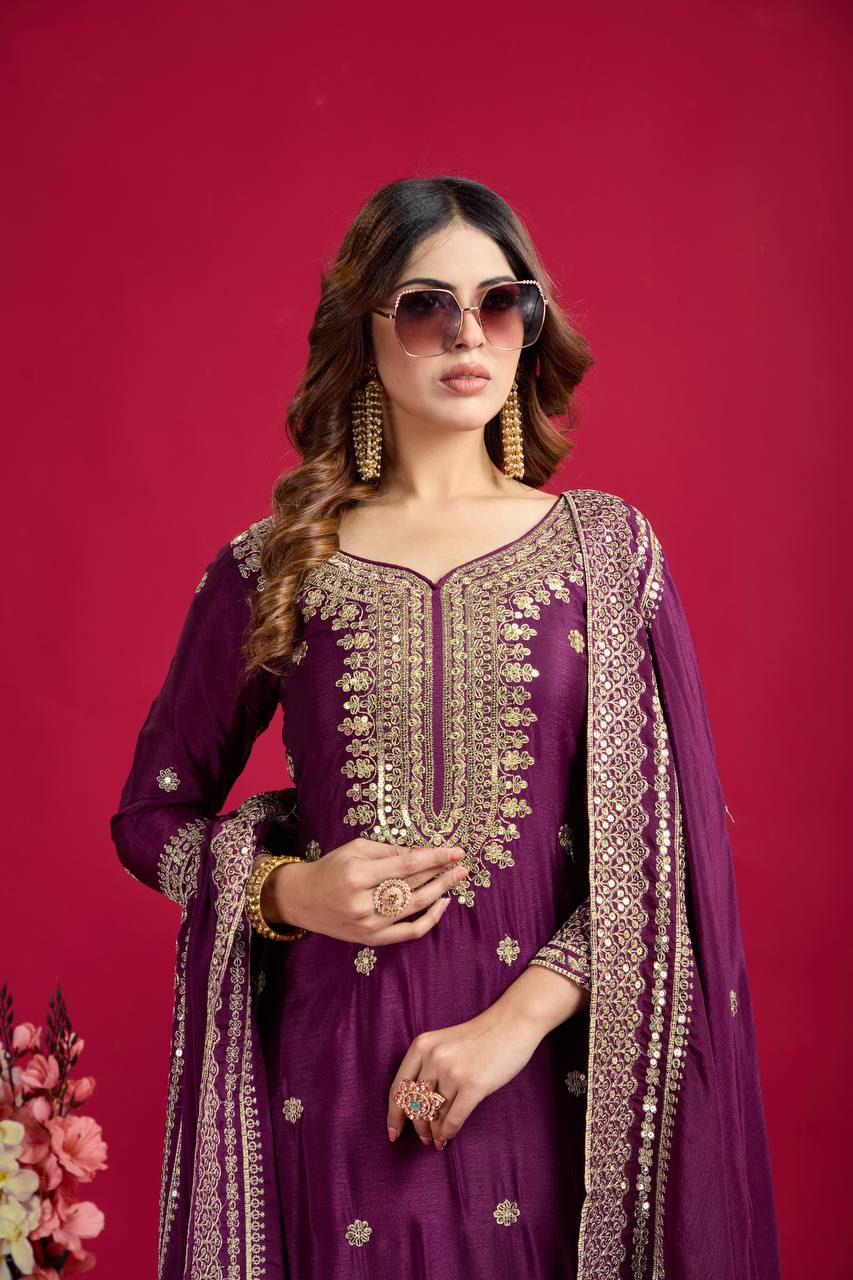 Lehenga Mart Chinnon Silk Embroidery Sequence Work Top-Palazzo And Dupatta Set | Grocsy