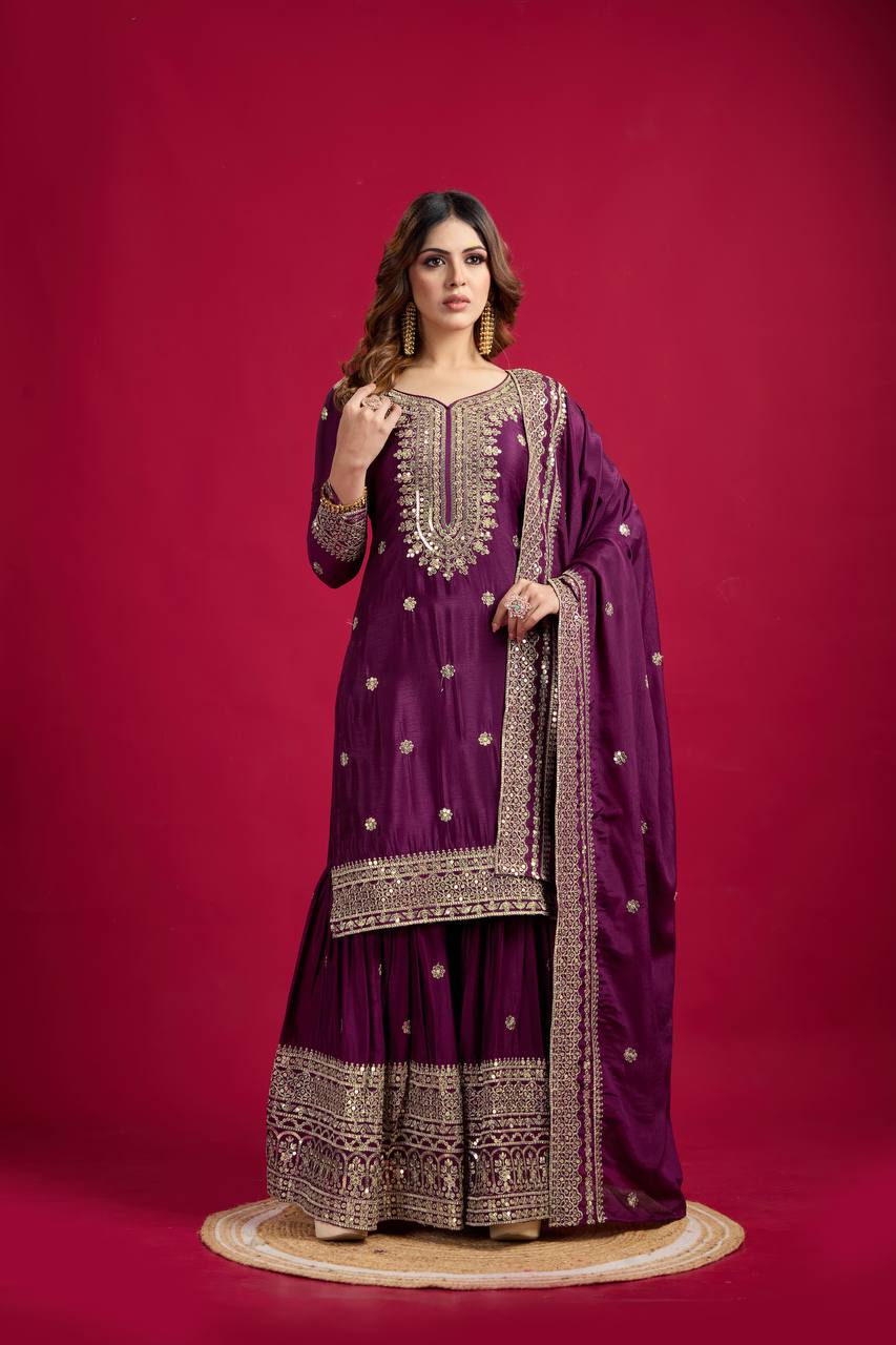 Lehenga Mart Chinnon Silk Embroidery Sequence Work Top-Palazzo And Dupatta Set | Grocsy