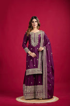 Lehenga Mart Chinnon Silk Embroidery Sequence Work Top-Palazzo And Dupatta Set | Grocsy