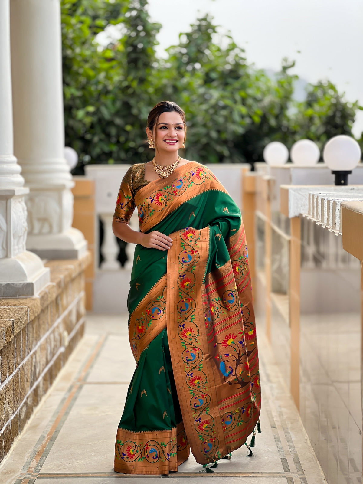 Vedant Vastram Soft Litchi Silk Paithani Jacquard Saree - Green | Grocsy
