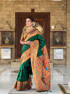 Vedant Vastram Soft Litchi Silk Paithani Jacquard Saree - Green | Grocsy