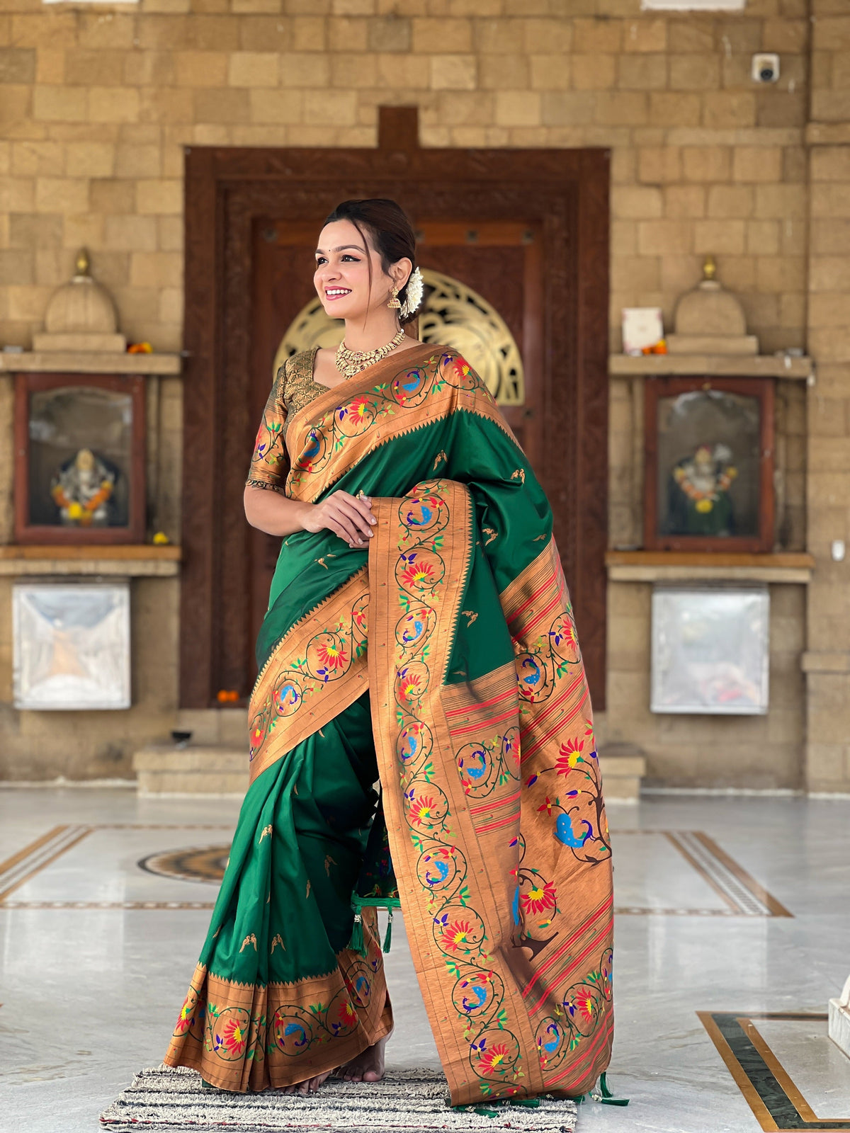 Vedant Vastram Soft Litchi Silk Paithani Jacquard Saree - Green | Grocsy