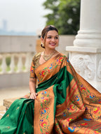 Vedant Vastram Soft Litchi Silk Paithani Jacquard Saree - Green | Grocsy