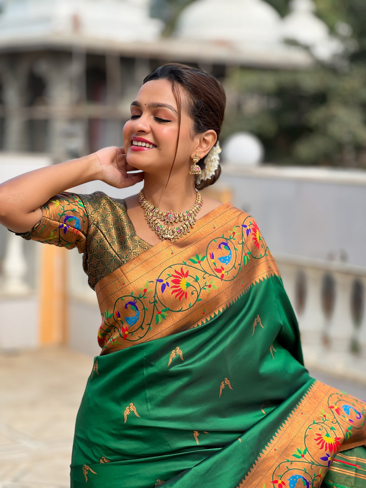 Vedant Vastram Soft Litchi Silk Paithani Jacquard Saree - Green | Grocsy