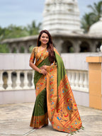 Vedant Vastram Soft Litchi Silk Paithani Jacquard Saree - Mahendi | Grocsy