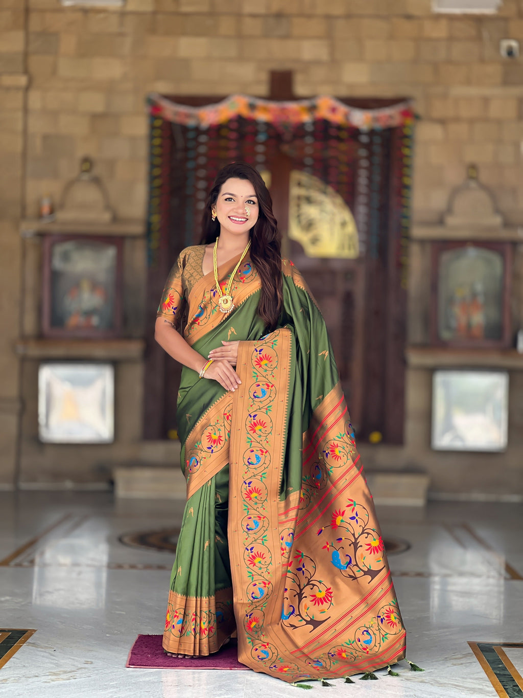 Vedant Vastram Soft Litchi Silk Paithani Jacquard Saree - Mahendi | Grocsy