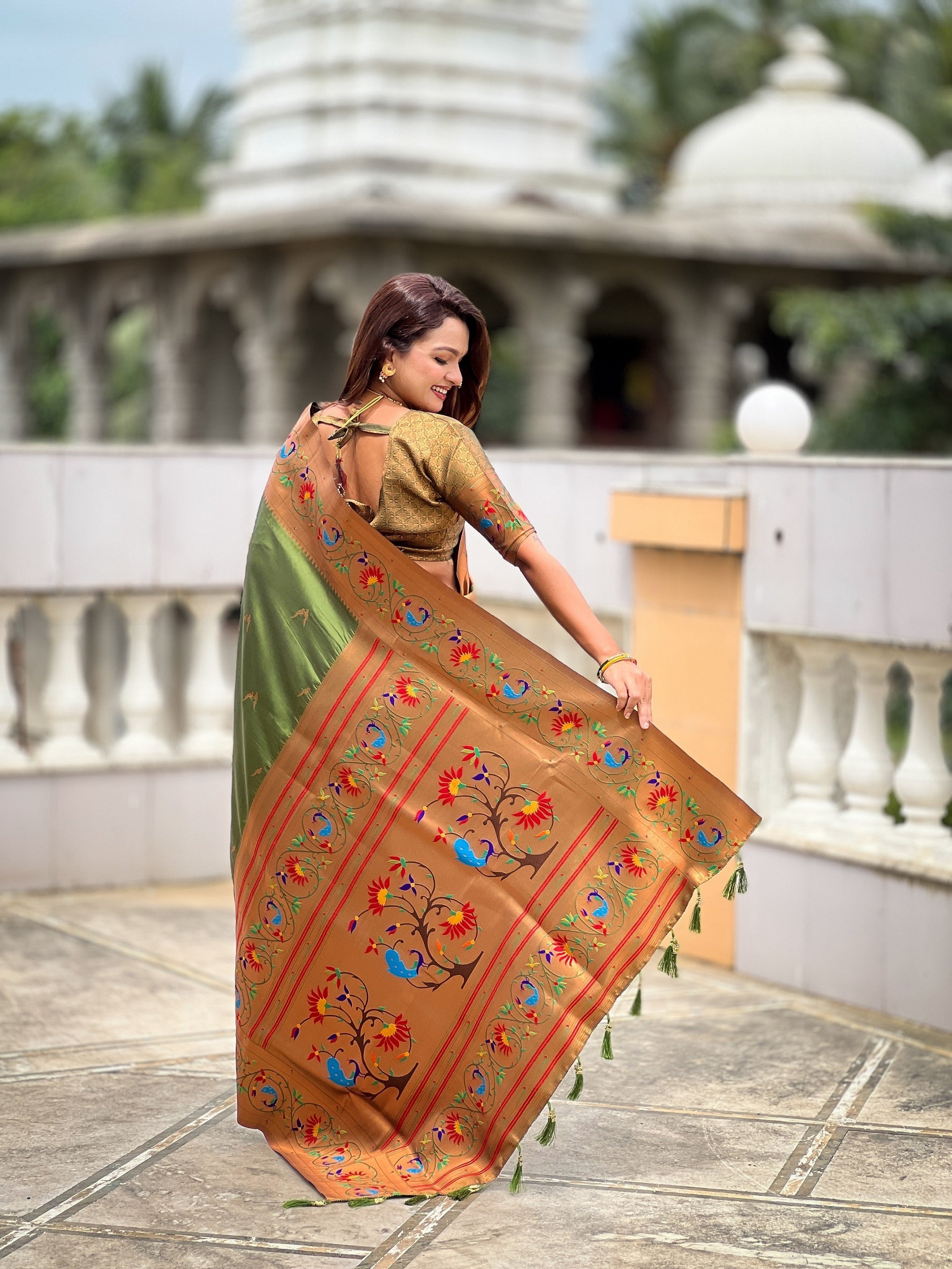 Vedant Vastram Soft Litchi Silk Paithani Jacquard Saree - Mahendi | Grocsy