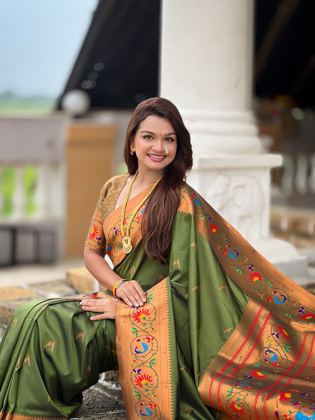 Vedant Vastram Soft Litchi Silk Paithani Jacquard Saree - Mahendi | Grocsy