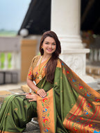 Vedant Vastram Soft Litchi Silk Paithani Jacquard Saree - Mahendi | Grocsy