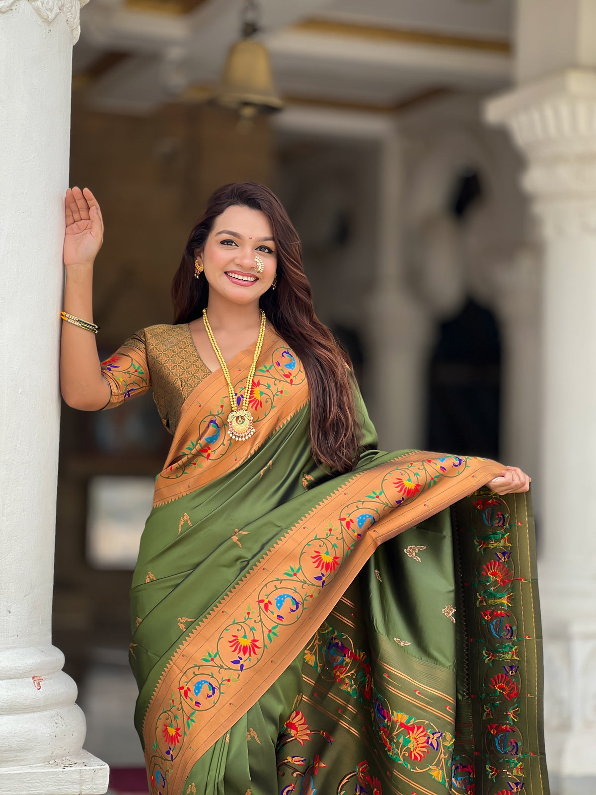 Vedant Vastram Soft Litchi Silk Paithani Jacquard Saree - Mahendi | Grocsy