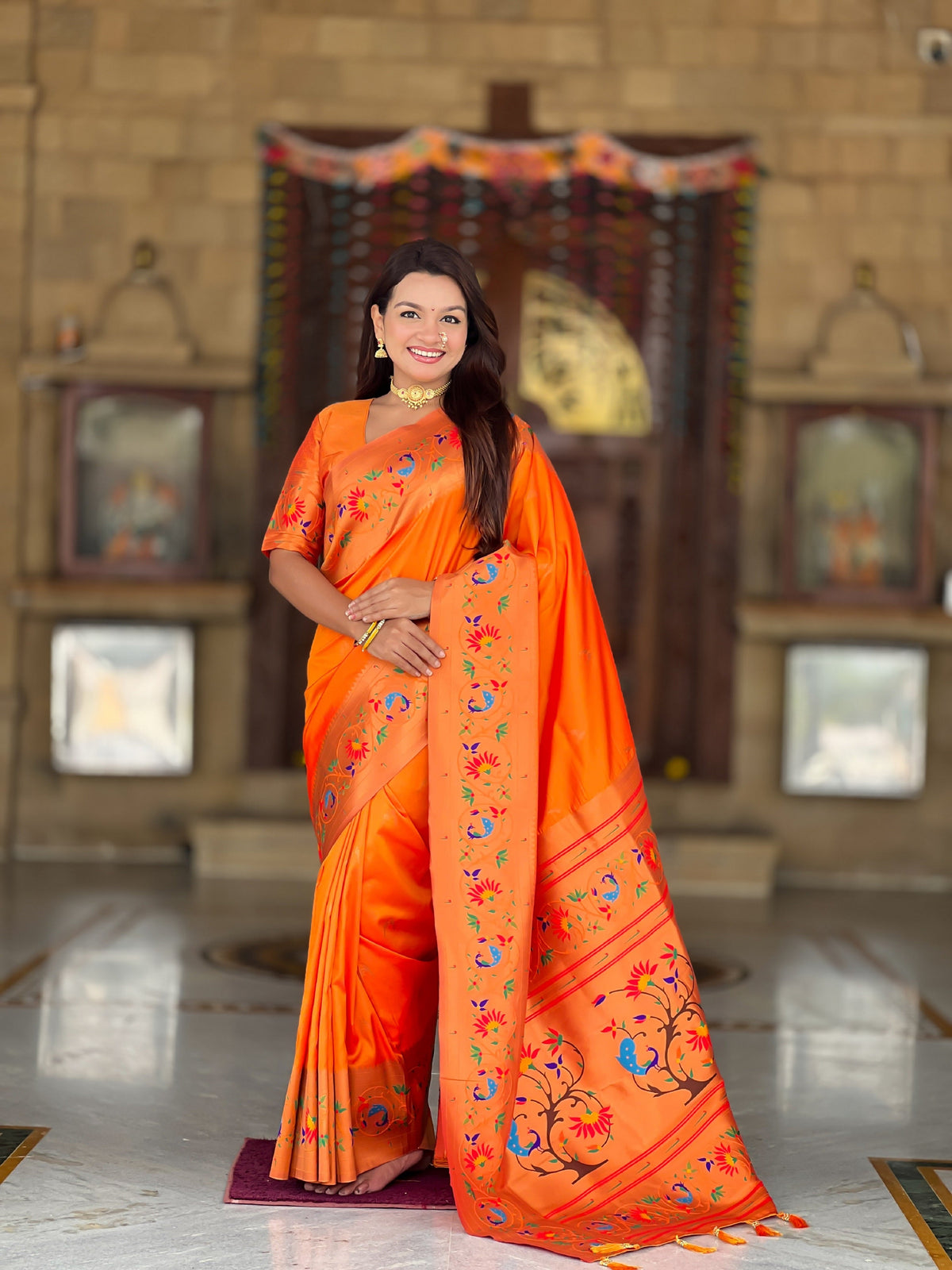 Vedant Vastram Soft Litchi Silk Paithani Jacquard Saree - Orange | Grocsy