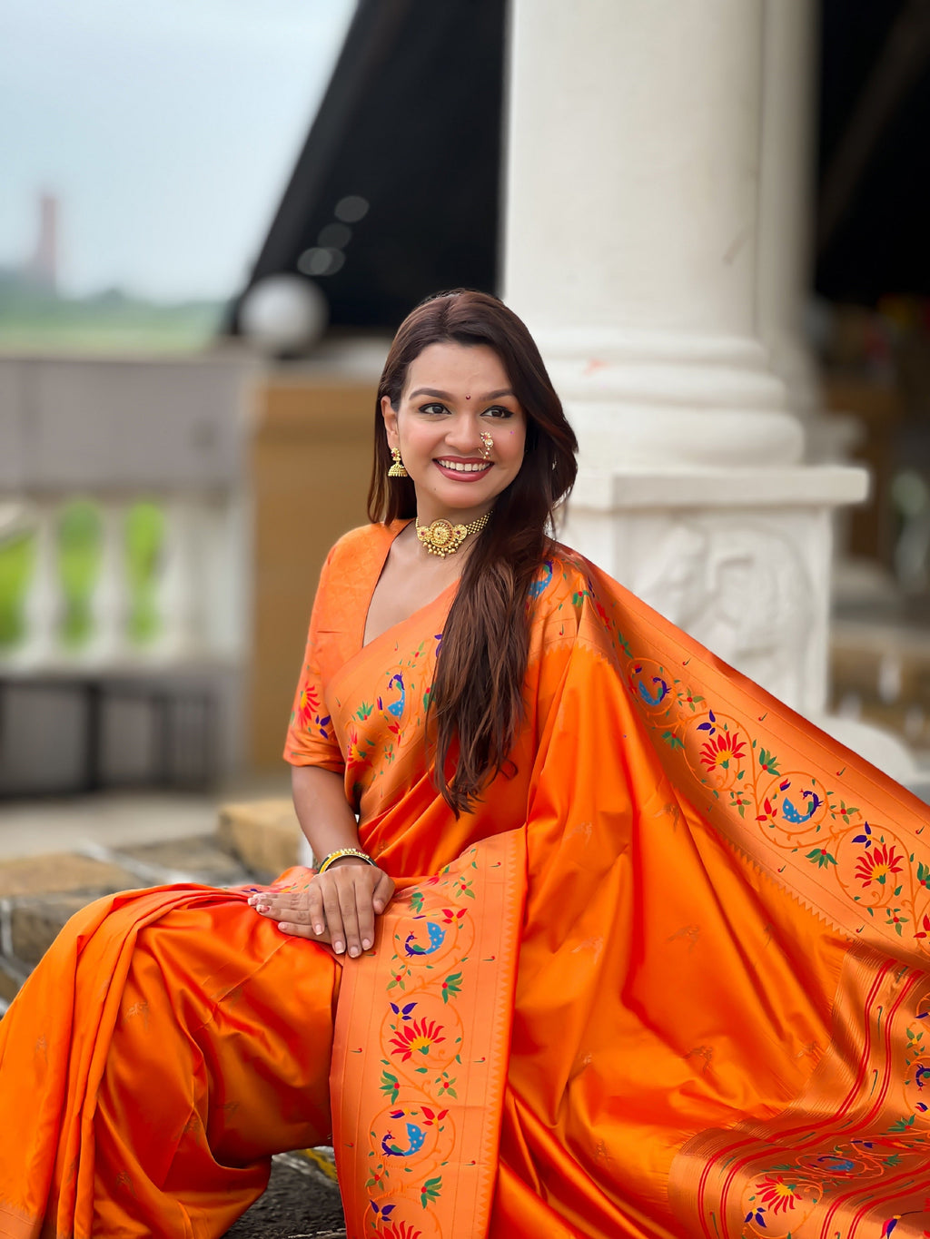 Vedant Vastram Soft Litchi Silk Paithani Jacquard Saree - Orange | Grocsy