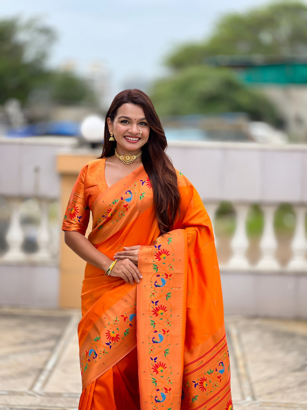 Vedant Vastram Soft Litchi Silk Paithani Jacquard Saree - Orange | Grocsy
