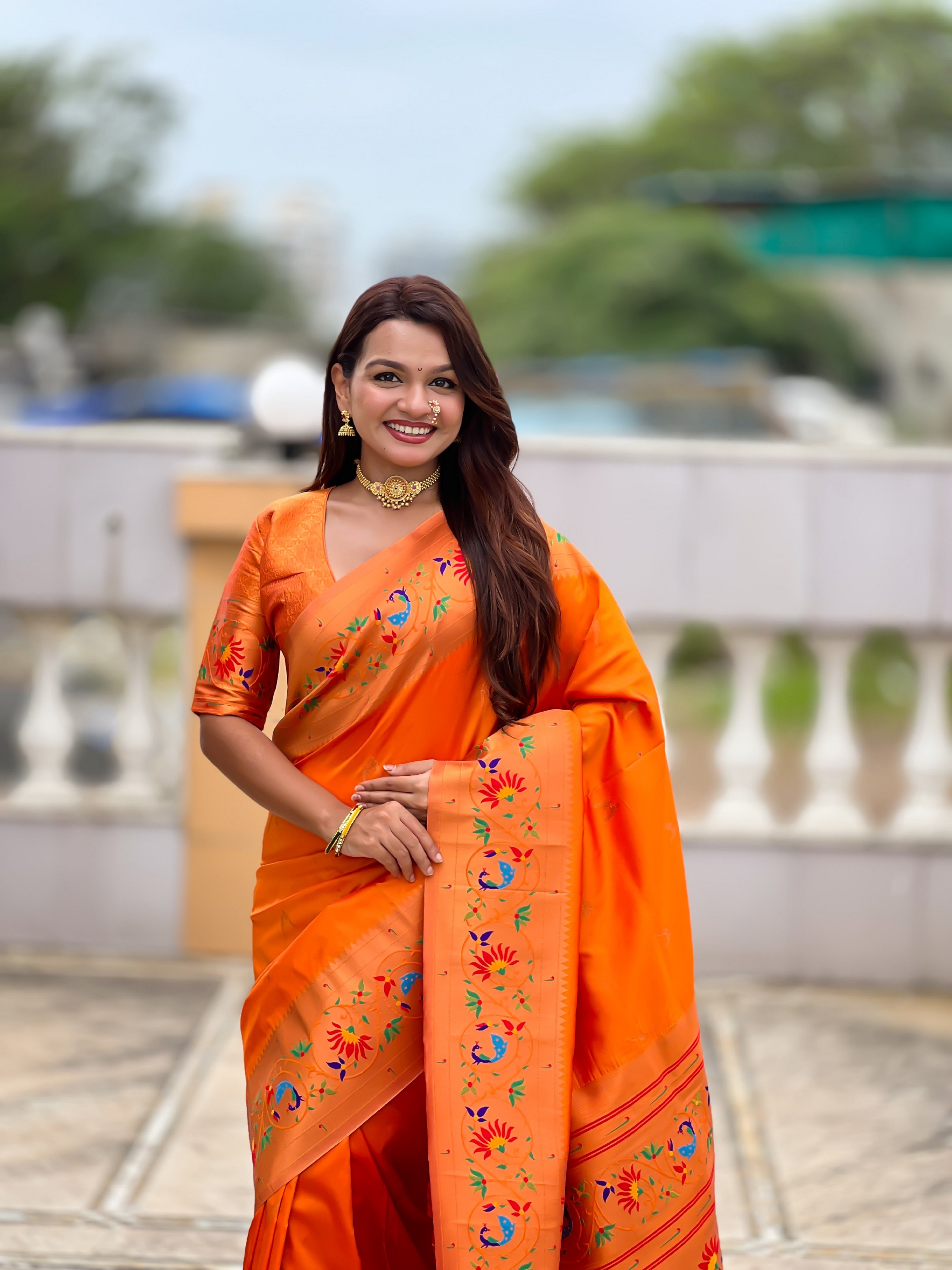 Vedant Vastram Soft Litchi Silk Paithani Jacquard Saree - Orange | Grocsy