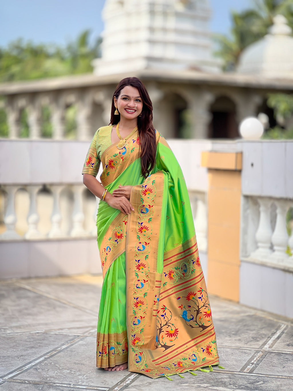 Vedant Vastram Soft Litchi Silk Paithani Jacquard Saree - Parrot | Grocsy