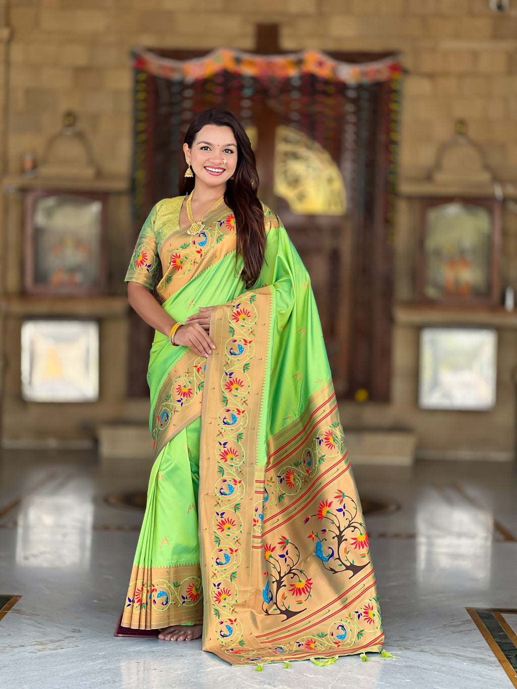 Vedant Vastram Soft Litchi Silk Paithani Jacquard Saree - Parrot | Grocsy