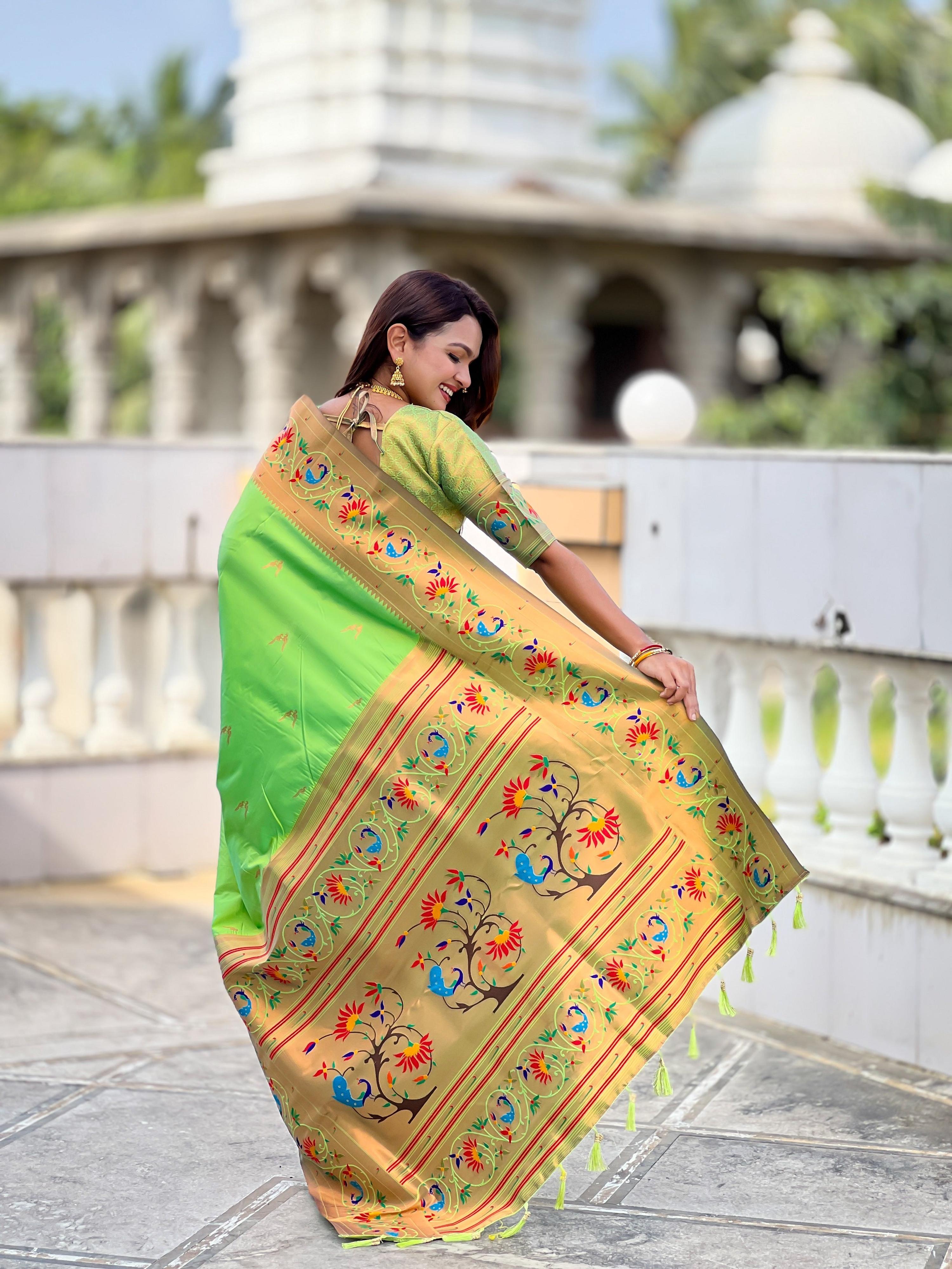 Vedant Vastram Soft Litchi Silk Paithani Jacquard Saree - Parrot | Grocsy
