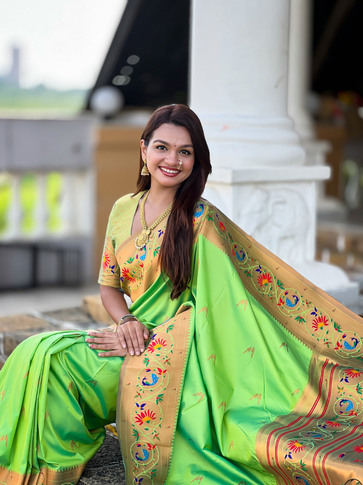 Vedant Vastram Soft Litchi Silk Paithani Jacquard Saree - Parrot | Grocsy