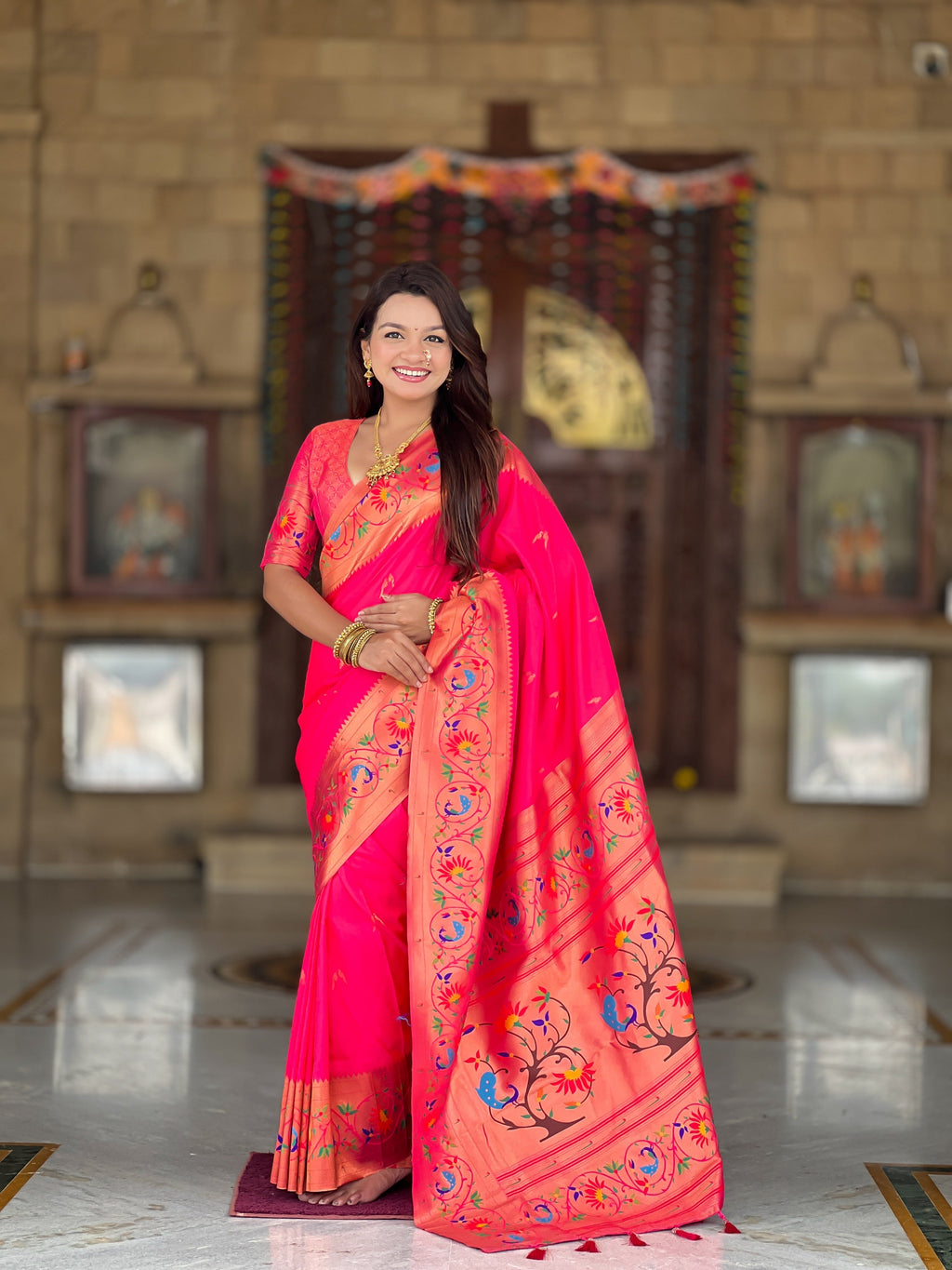 Vedant Vastram Soft Litchi Silk Paithani Jacquard Saree - Pink | Grocsy