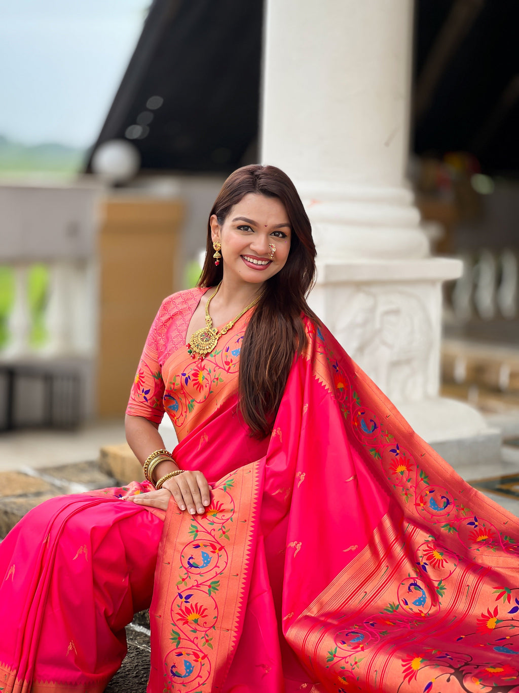 Vedant Vastram Soft Litchi Silk Paithani Jacquard Saree - Pink | Grocsy