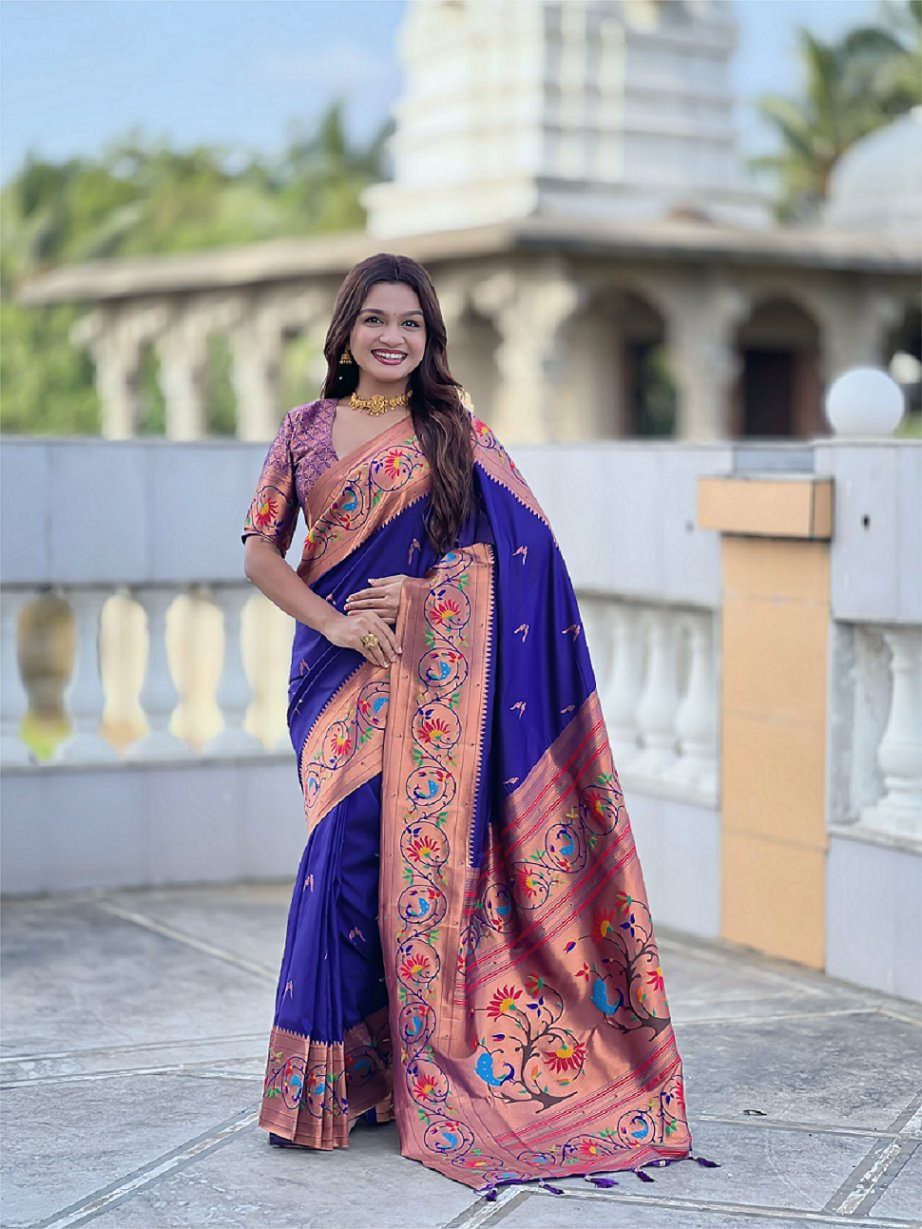 Vedant Vastram Soft Litchi Silk Paithani Jacquard Saree - Violet | Grocsy