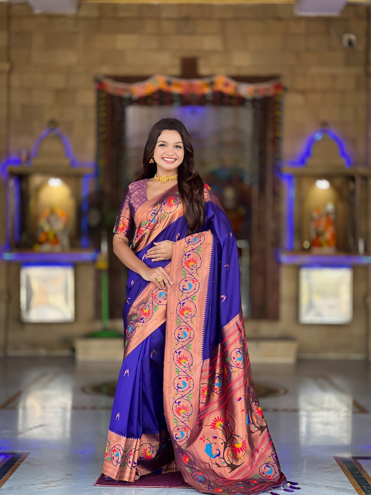 Vedant Vastram Soft Litchi Silk Paithani Jacquard Saree - Violet | Grocsy