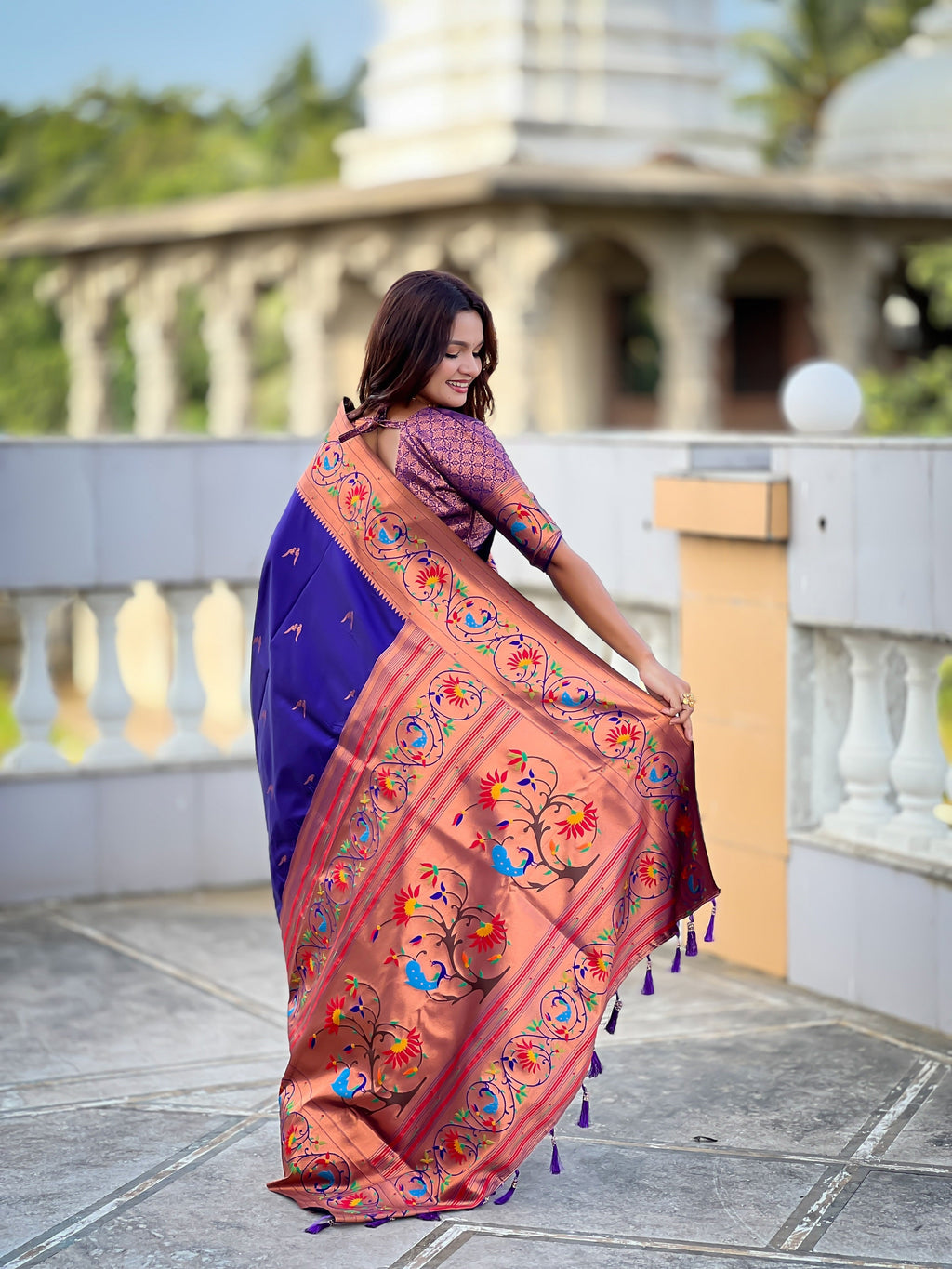 Vedant Vastram Soft Litchi Silk Paithani Jacquard Saree - Violet | Grocsy