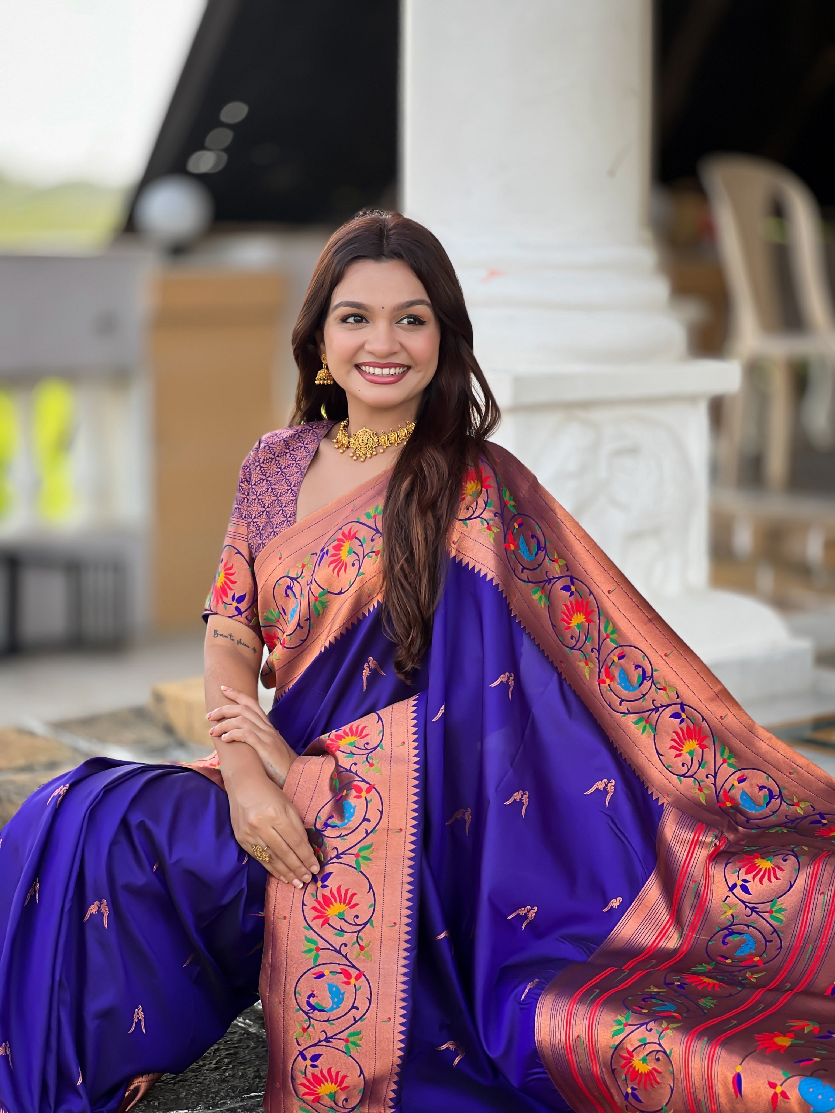 Vedant Vastram Soft Litchi Silk Paithani Jacquard Saree - Violet | Grocsy