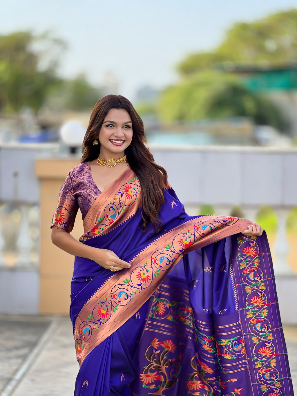 Vedant Vastram Soft Litchi Silk Paithani Jacquard Saree - Violet | Grocsy