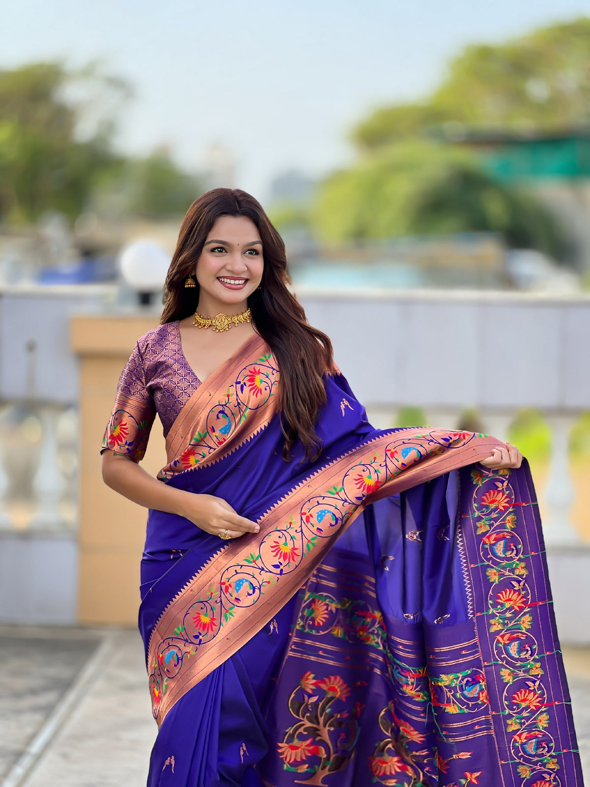 Vedant Vastram Soft Litchi Silk Paithani Jacquard Saree - Violet | Grocsy
