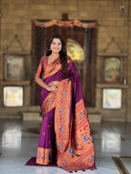 Vedant Vastram Soft Litchi Silk Paithani Jacquard Saree - Wine | Grocsy
