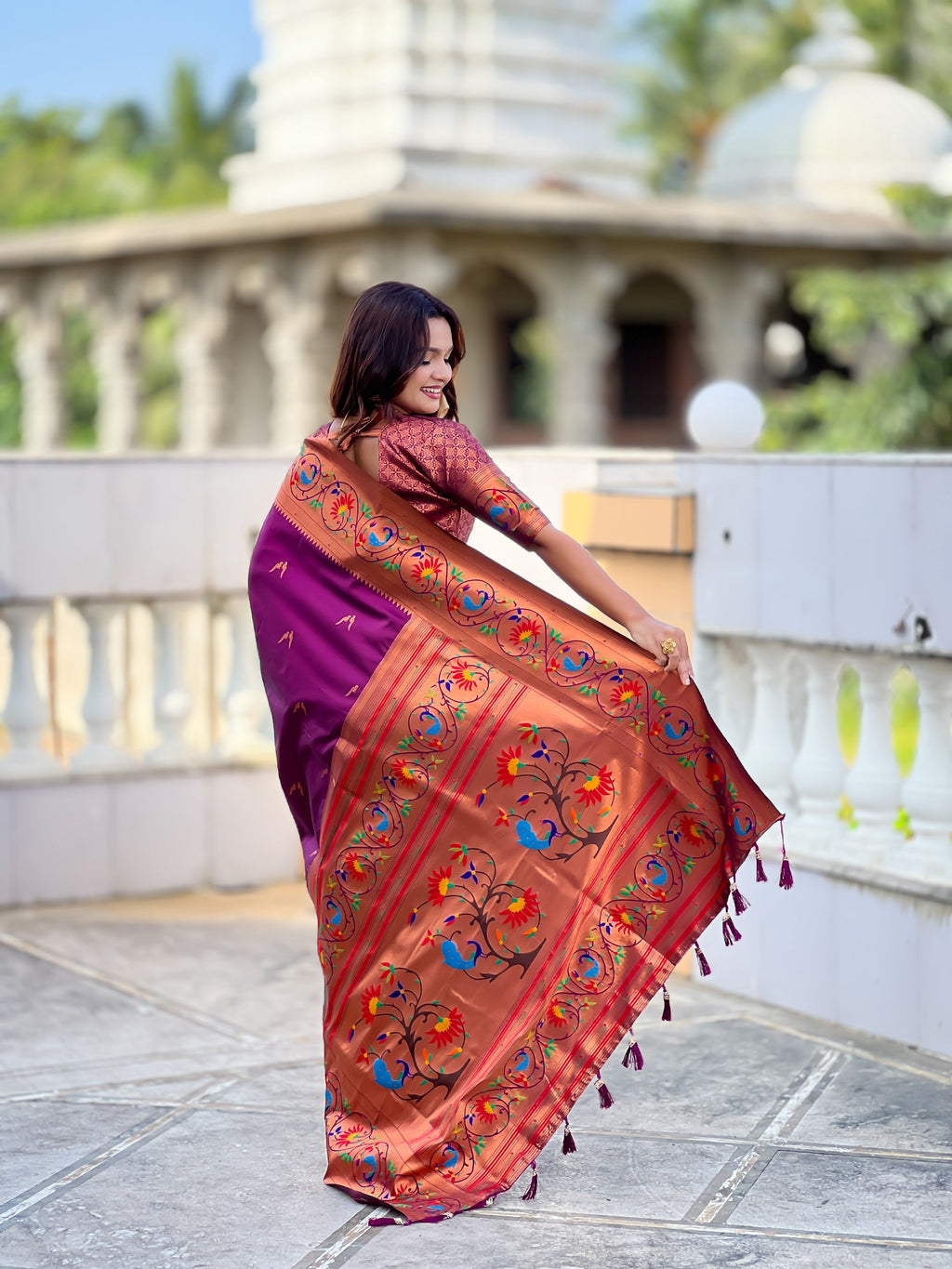 Vedant Vastram Soft Litchi Silk Paithani Jacquard Saree - Wine | Grocsy